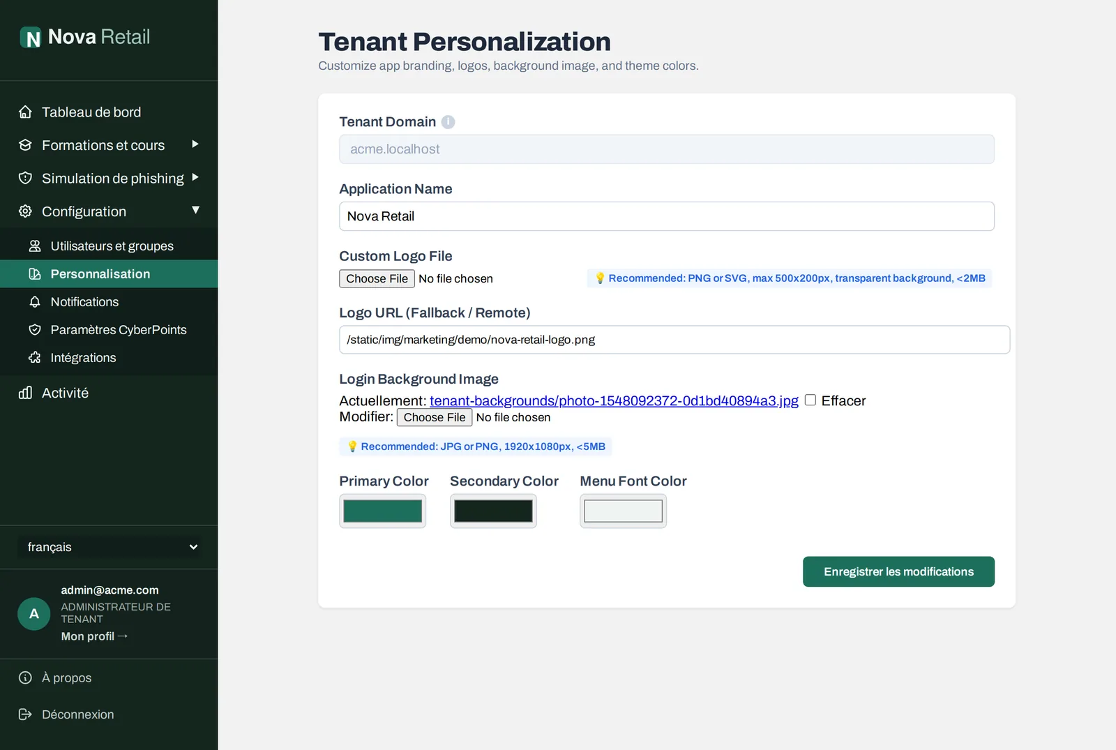 Branding settings: application name, logo, colours and login background.