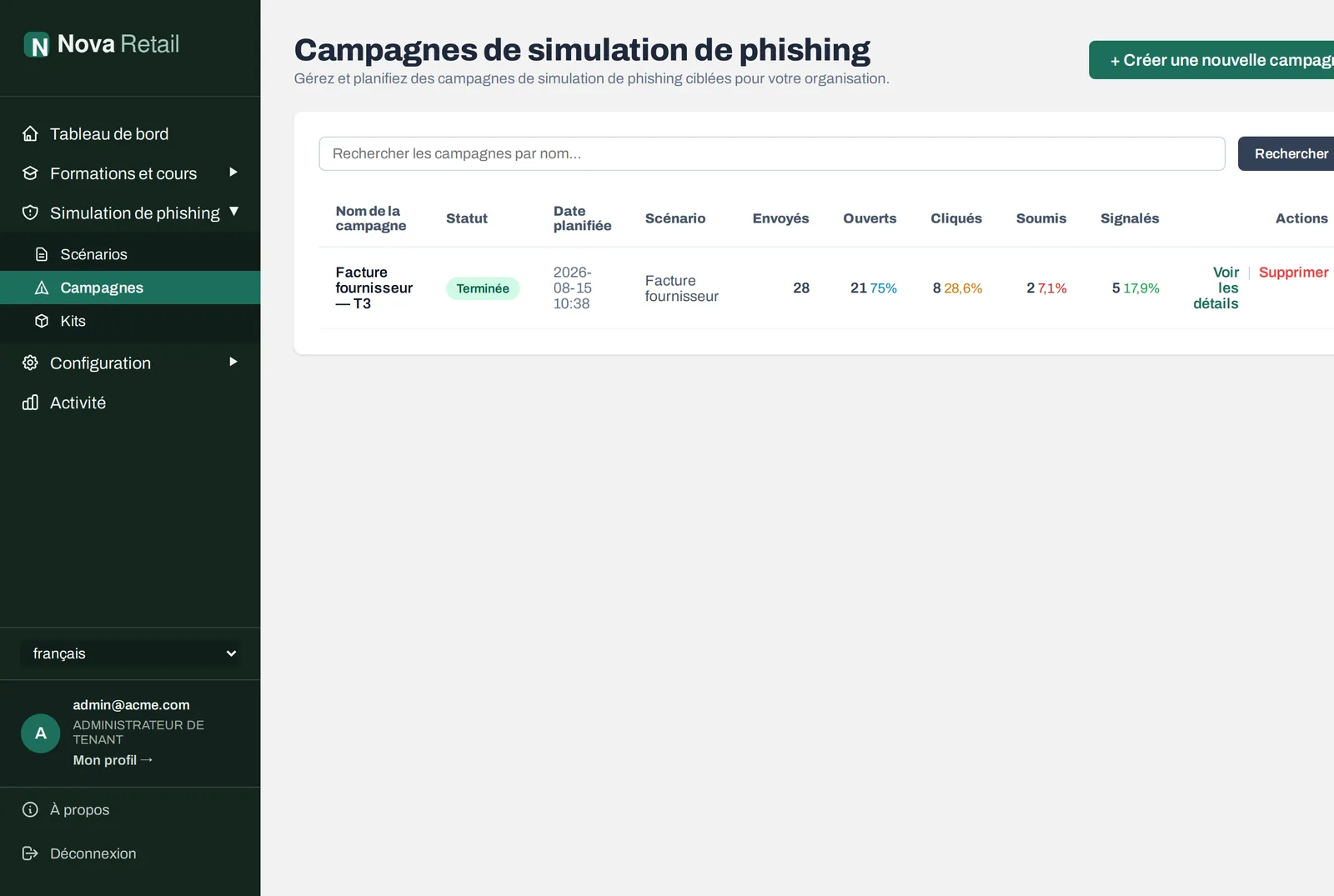 Campaign list showing sent, opened, clicked, submitted and reported counts for each simulation.